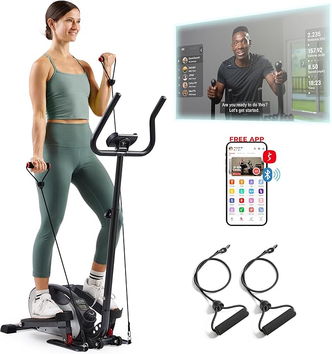 Sunny Health & Fitness Under Desk Elliptical Machine, Portable Sitting or Stand Peddler Exerciser for Seniors Home Office, SunnyFit App Access via Bluetooth with Optional Handlebar or Resistance Band