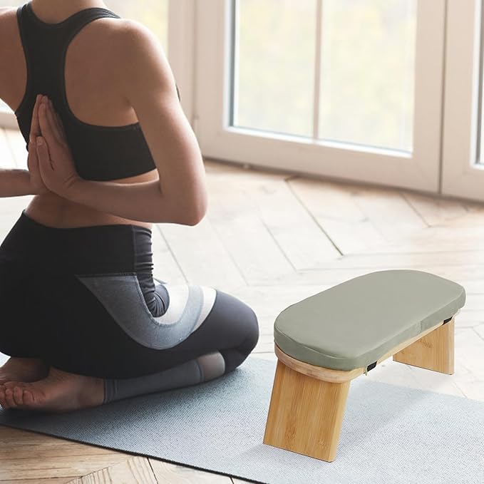 DKSLALALI Meditation Bench, Foldable Ergonomic Bamboo Kneeling Chair with Meditation Extra Soft Cushion Portable Comfortable Meditation Stool Bench for Prayer Kneeler Travel & Yoga