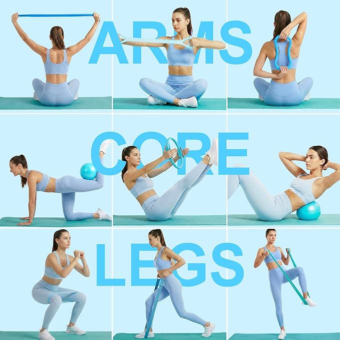 Home Pilates Ring and Ball Set for Women with 5 Resistance Bands 13 inch Magic Circle Workout Starter Kit for Beginners Full Body Toning 15 Min Daily Routine
