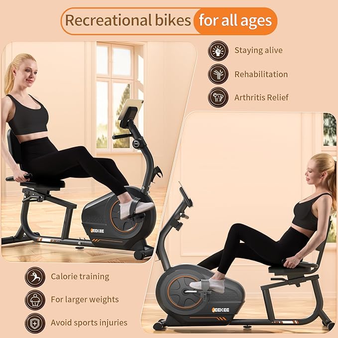 JEEKEE Recumbent Exercise Bike for Seniors,Stationary Bikes for Home, 400LB Capacity & 16 Levels Magnetic Resistance, Heart Rate Handle