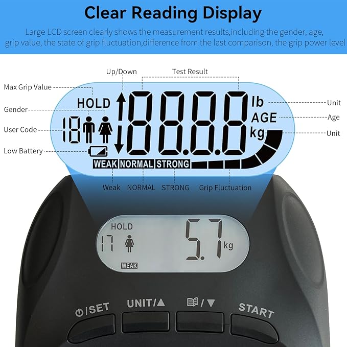 Grip Strength Tester Trainer, LCD Hand Dynamometer with 19-User Memory, Max 400lbs/180kg Capacity, Suitable for Sport Home Gym Use
