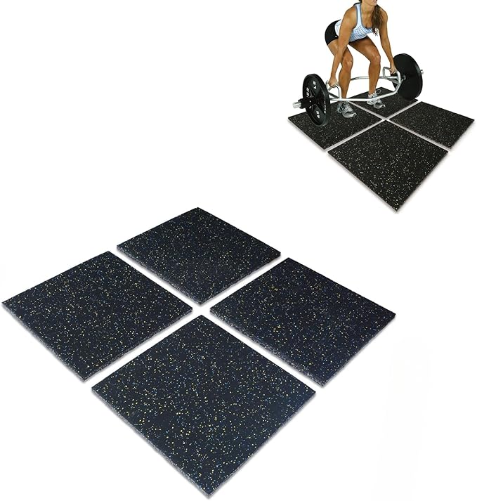 Nisorpa 1" Thick Rubber Exercise Equipment Mats, Anti-Vibration Pads 20" x 20'', Sound Absorbing Mat, Gym Floor Tiles Non-Slip, with 12 Pcs Buckles for Fixing, for Fitness Equipment (4 Pcs)