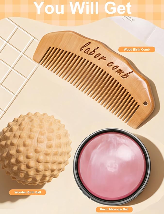Wooden Labor Comb Birth Comb Massage Ball Acupressure Ball Massage Roller Ball Kit for Women Labor and Delivery Essentials,Designed for Expectant Moms,Labor Pain Relief, Midwife Essential