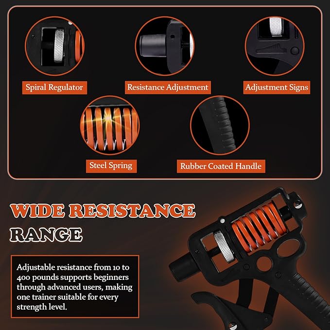 Adjustable 10–400 lb Grip Strength Trainer (Premium Adjustable Grip Strengthener for Forearm Training) Alloy Frame, Titanium-Plated Steel, TPR Non-Slip Handles | Color Orange