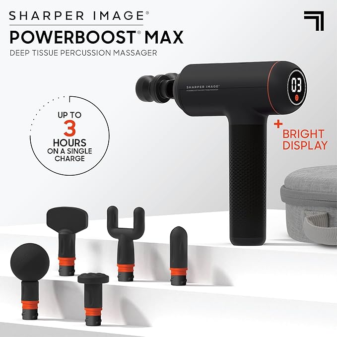 Sharper Image Deep Tissue Percussion Massage Gun, Powerboost MAX Rechargeable Handheld Massager, 7 Adjustable Speeds, 6 Attachment Heads & Carrying Case, Full Body Muscle Pain Relief, Black