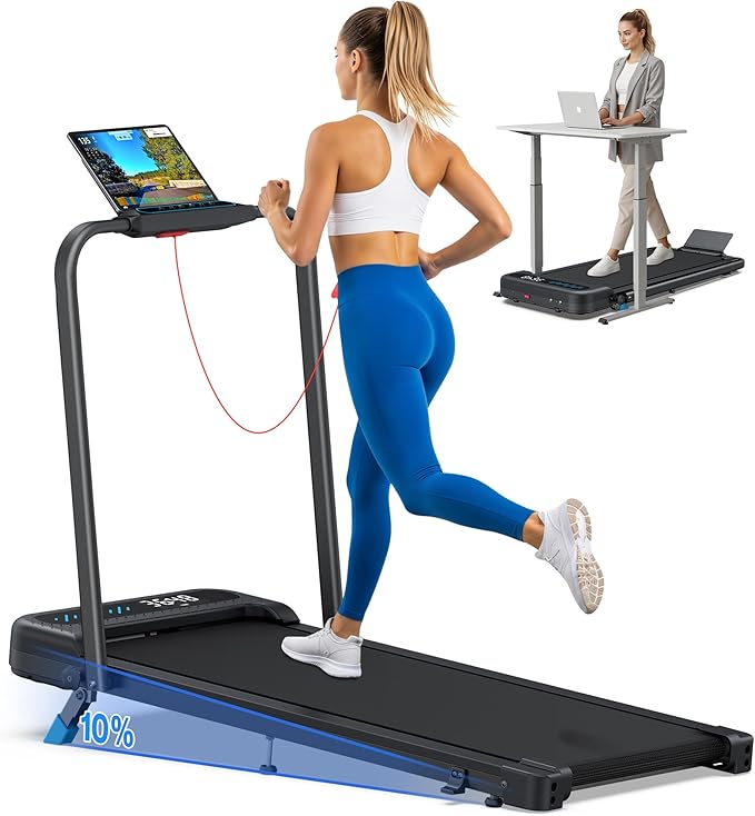 Foldable Treadmill with 10% Incline, 4 in 1 Compact Walking Pad Treadmill with Handle Bar for Home Small Spaces, 3.0HP Portable Quiet Under Desk Treadmills, 320LBS Capacity, Smart APP, LED Display