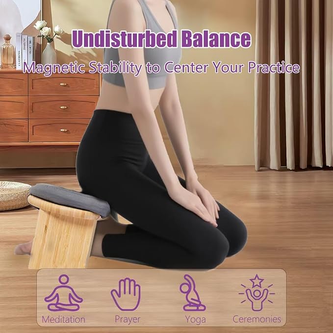 Meditation Bench, Portable Bamboo Meditation Stool, Folding Kneeling Meditation Bench, Anterior Tilt Bench, Prayer Bench with Meditation Chair with Thick Cushion, Kneeling Stool