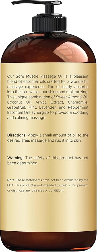 Handcraft Blends Sore Muscle Massage Oil 8 Fl Oz - Moisturizing Body Oil for Massage Therapy - Made with Arnica Extract, Chamomile, Lavender, Peppermint Oils