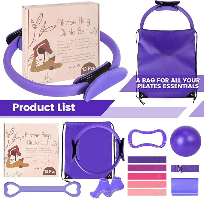 JITUIHOM Home Pilates Essentials Kit for Women - Complete Pink Equipment Set with 9 Inch Yoga Ball, Figure 8 Resistance Band, Bands & Accessories, Ring for Beginners Workouts