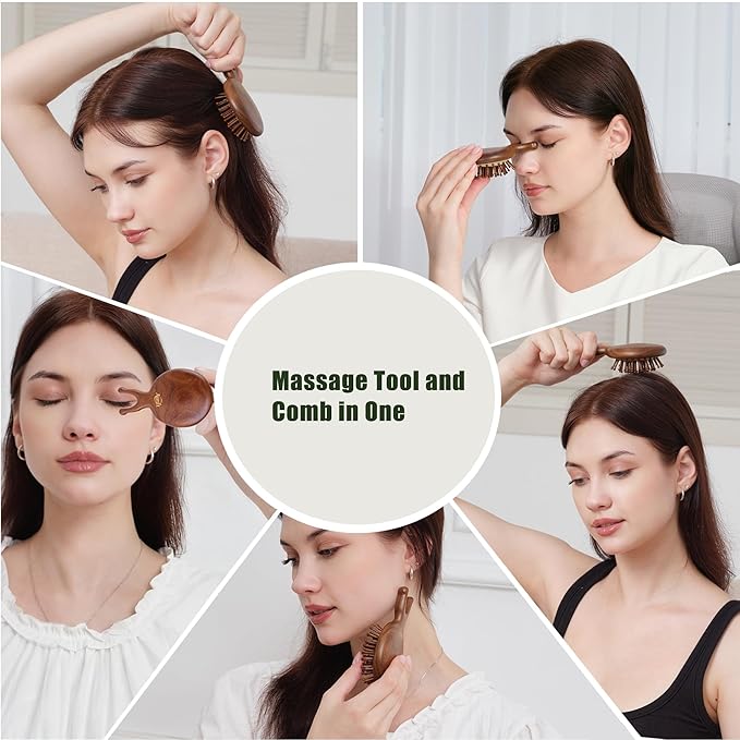 2PCS Mini Wooden Hair Brush & Comb Set, Head Scalp Massage Brush, Portable Travel Hair Care comb with Manual Massage Tool, Gift-Ready Box for Self-Care & Relaxation