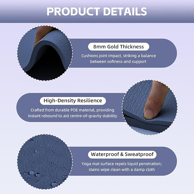 Large Yoga Mat Thick, 76"x32"x0.31"Wide POE Exercise Mat with Non-Slip Surface & Carry Strap, Anti-Tear Workout Mat for Yoga, Pilates, Fitness