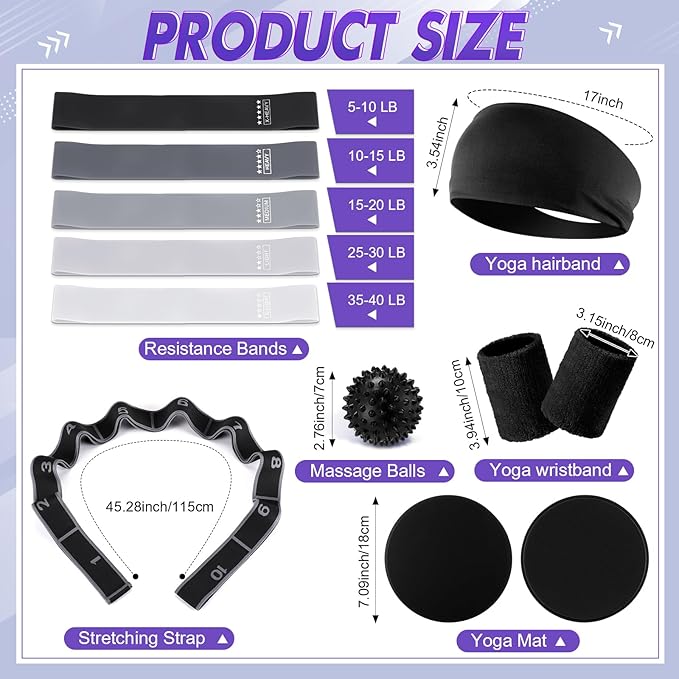 Poen 18 Pcs Home Pilates Ball and Ring Circle Set Yoga Fitness Essentials Kit with 5 Resistance Band Stretching Strap Non Slip Sock Ball Core Slider Wristband Headband Gym Bag for Women