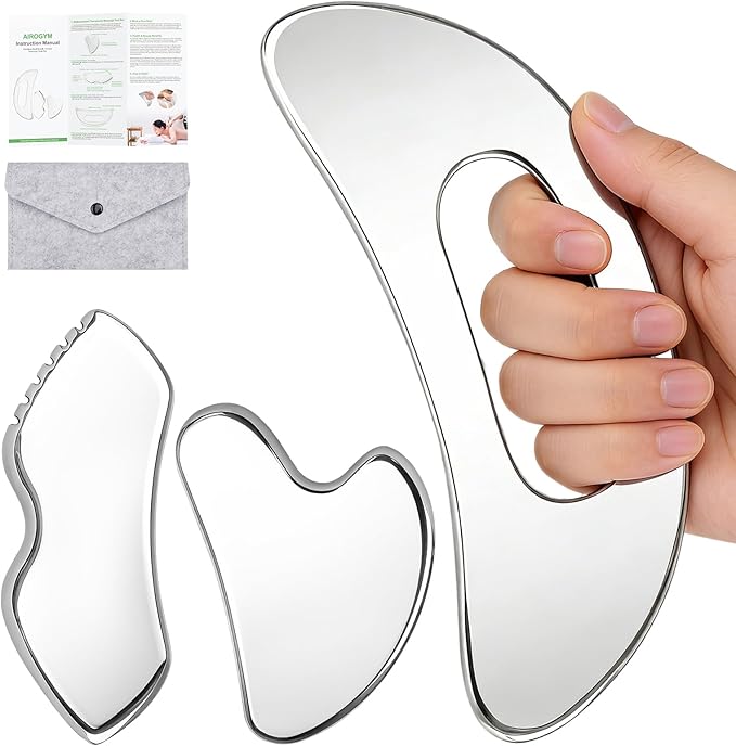 airogym 3 in 1 Stainless Steel Gua Sha Massage Tool - Professional Muscle Scraper for Soft Tissue Mobilization, IASTM Physical Therapy & Myofascial Release - Body Sculpting & Pain Relief Kit