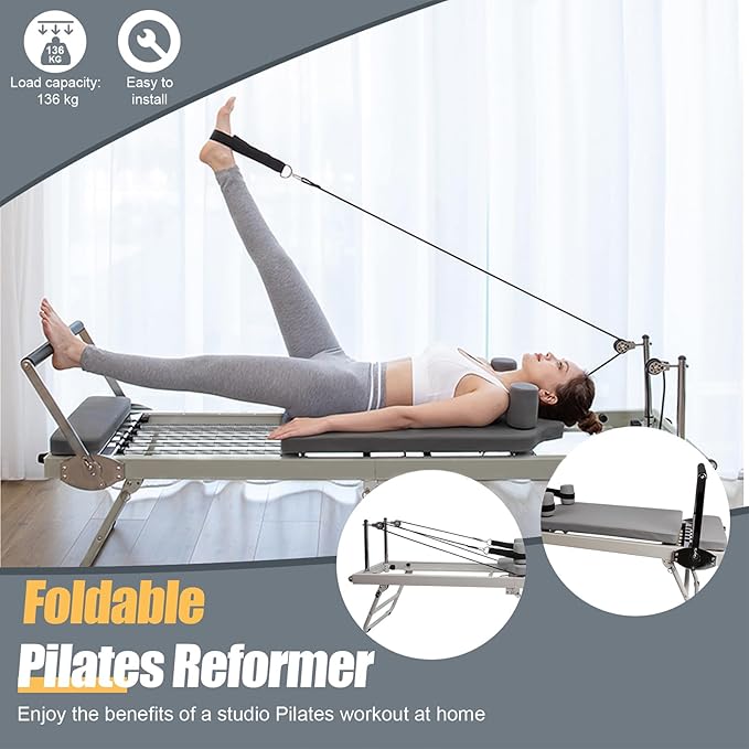 Foldable Pilates Reformer & Equipment,Adjustable Angle Pilates Machine,Portable Pilates Reformer,Pilates Reformer Workout Machine for Home Gym-Up to 300 Lbs Weight Capacity,Black/Beige