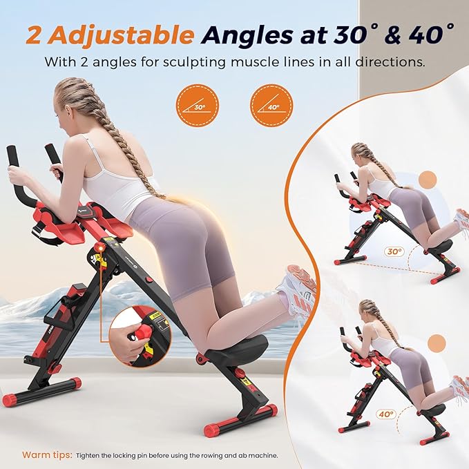 Ab Machine and Rowing Machine, 4 in 1 Rowing Machines for Home with 3 Levels of Workout Resistance, Quiet & Foldable Rower Machine with 3 Adjustable Handle Heights & LCD Monitor, Row Machine for Home