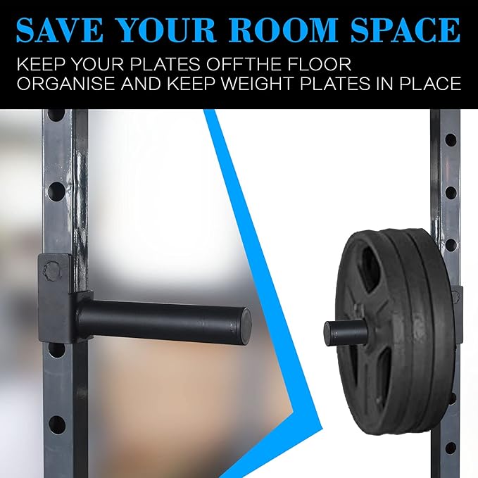 Balelinko Extended 9" Olympic Weight Plate Holder, Weight Plate Storage, Attachment for for 2"x2" Tube Power Cage with 1" Hole, 1 Pair, Bonus a Pair of 2" Spring Clip Collars Rings
