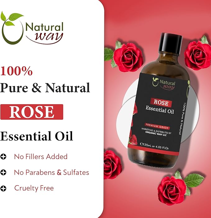 Rose Essential Oil | Pure Aromatherapy Oil for Diffusers, Hair Growth, Skin, Scalp Care, Massage | Refreshing Hair Oil for Women & Men | Natural Essential Oil for Diffuser | 4 Fl Oz (120 mL)