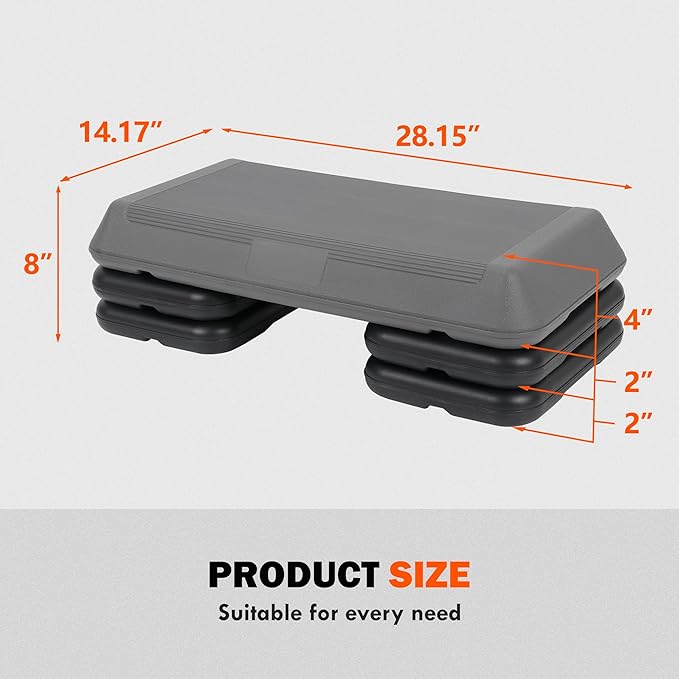 F2C 28.5" Aerobics Platform for Total Body Fitness 4" - 6" - 8" Height Adjustable with 4 Risers Home Workout Exercise Stepper Black/Gray