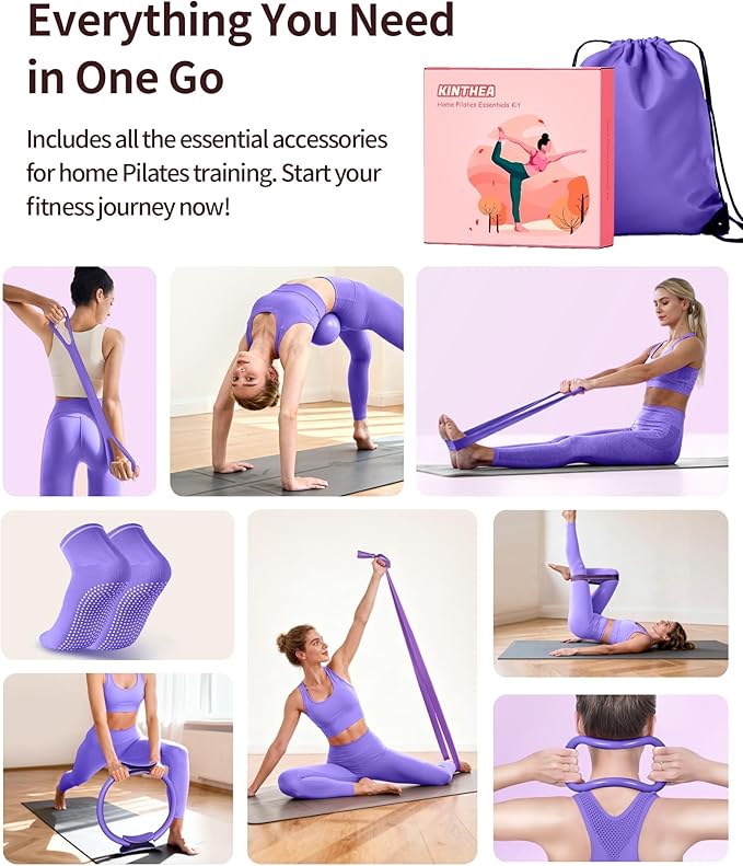 Home Pilates Kit for Women, Essentials Pilates Equipment Set with 14‘’ Pilates Ring and Mini Ball, 5 Resistance Bands & Accessories, Tutorial Charts, Pilates Ring Set for Beginners Workout at Home