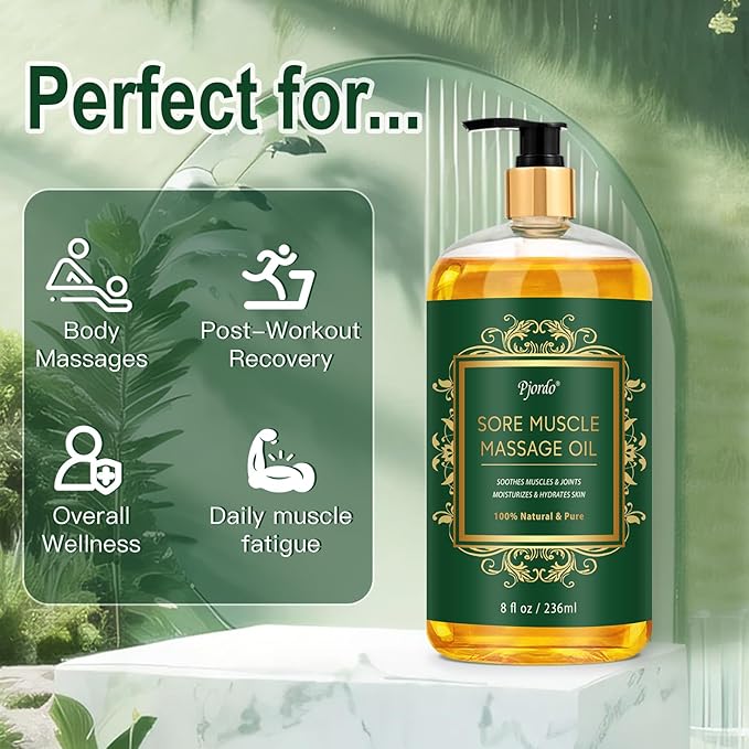 Sore Muscle Massage Oil for Massage Therapy, 8 FL OZ Natural Body Massage Oil with Lavender Oil, Arnica & Chamomile Extract, Soothes Muscle and Joint for Professional & Home Use