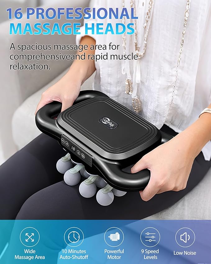 16-Head Massage Gun, Deep Tissue Percussion Massager with 9 Modes & 9 Intensities, 2600mAh Battery Back Bassager for Pain Relief Deep Tissue for Muscle Pain Relief in Back, Legs, Shoulders