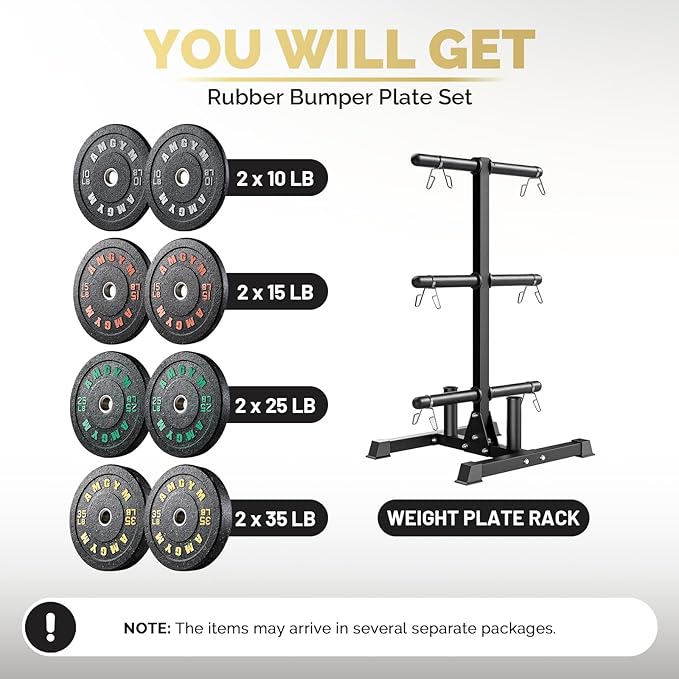Weight Plate Tree Rack & Weight Set, Strength Training Plate Storage Stand and Barbell Holders for Home Gym, 1100 lb Weight Capacity, Fits Both 1" and 2" Bumper Plates