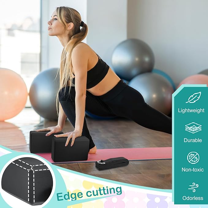 Meooeck 18 Pcs Yoga Blocks and Strap Set Include 12 EVA Foam Yoga Blocks Bulk 9"x6"x3" with 6 Adjustable 8 ft Straps D Ring Non Slip Props for Stretching Pilates Workout Studio Home Gym