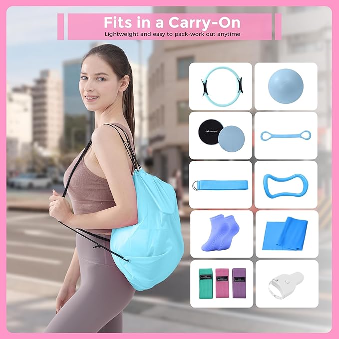 Pilates Equipment, Pilates Kit for Home Workouts, Pilates Ring and Ball Set for Women With 14.5" Pilates Ring, Ball, Resistance Bands, Sliders, Yoga Strap & Ring, Socks, Measure Tape, Stretch Band Bag