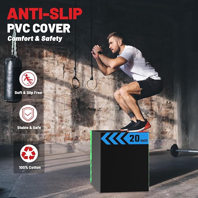 papababe 3-in-1 Plyometric Jump Box Workout Equipment, Box Jumps for Home Gym, Trainer with Anti Slip Surface and High Density Foam, Box Height: 20", 24", 30"