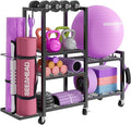 6-Tier Home Gym Storage Rack with Wheels, Dumbbell Weight Rack and Yoga Mat Organizer, Multi-Purpose Gym Equipment Storage Stand for Home Gym Accessories