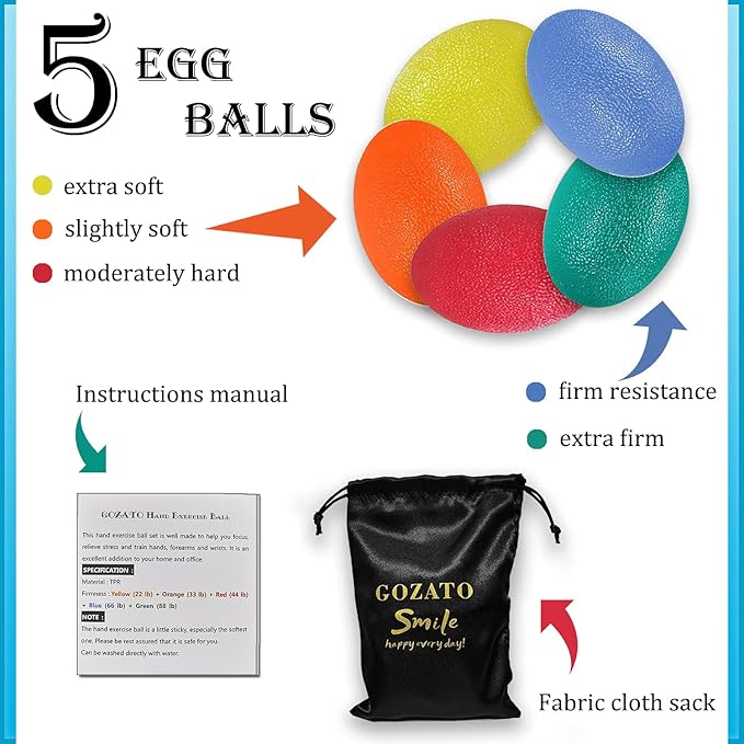 Squeeze Balls for Hand Therapy, Exercise, Arthritis - Grip Strengthener Occupational Equipment for Finger, Wrist, Carpal Tunnel, Pain Relief, Stress - Resistance Strength Squeezing Egg Trainer