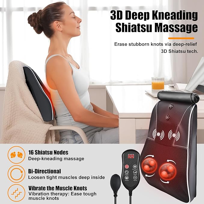 Shiatsu Neck and Back Massager with Heat,Neck Massager for Pain Relief deep Tissue,3D Kneading Massage Pillow for Back,Shoulder,Leg,Gifts for Mom,Dad,Women (Black)