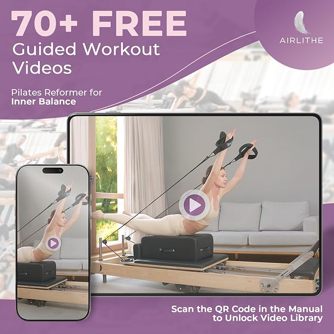 Airlithe Foldable Pilates Reformer Machine|Wooden Frame Reformer Machine with Strings, Versatile Accessories & 50+ Expert-Guided Workouts|Equipment for Strength Training, Rehabilitation, & Flexibility