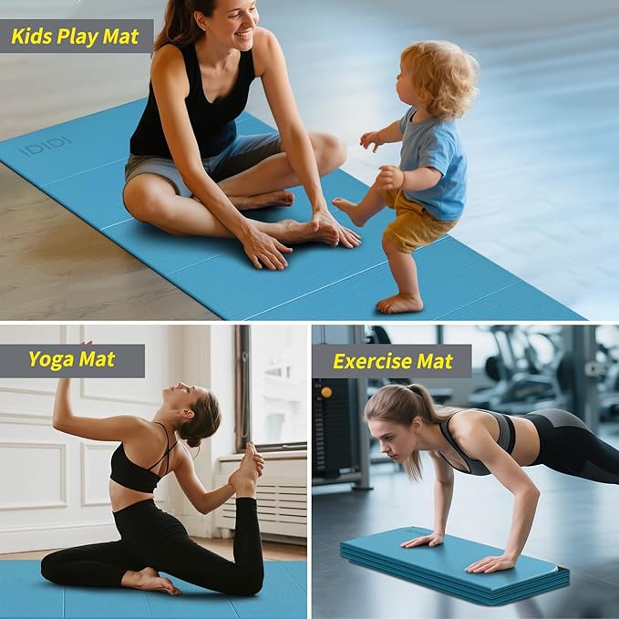Foldable Yoga Mat Extra Thick & Large (74" x 31.5" x 0.32"), Double-Sided Non Slip & Lightweight Fitness Mat, 8mm Thick Wide Exercise Mats for Woman Man Kids, Portable Workout Mats for Travel, Studio or Home Use