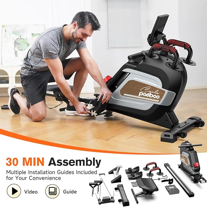 pooboo Magnetic Rowing Machine, Folding Rower with Combination Strength Exercise, Tablet Holder and Comfortable Seat Cushion, Rower for Home Use