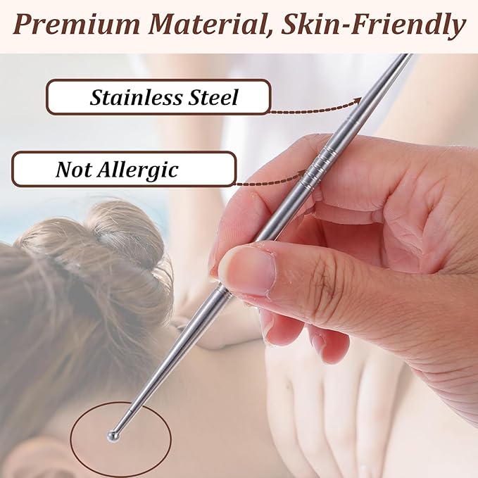 4Pcs Stainless Steel Acupuncture Pen Set with 8 Different Sized Heads for TMJ Pain Relief and Muscle Knot Release, Facial Reflexology Self Care Tools, Portable Dual Head Manual Massage Sticks