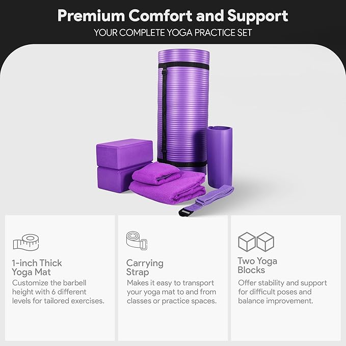 BalanceFrom 7-Piece Yoga Set with 71x24x1 Inches Extra Thick Mat and Carrying Sling – Includes 2 Blocks, Stretch Strap, 2 Towels, and Knee Pad for Home, Studio, and Gym Workouts
