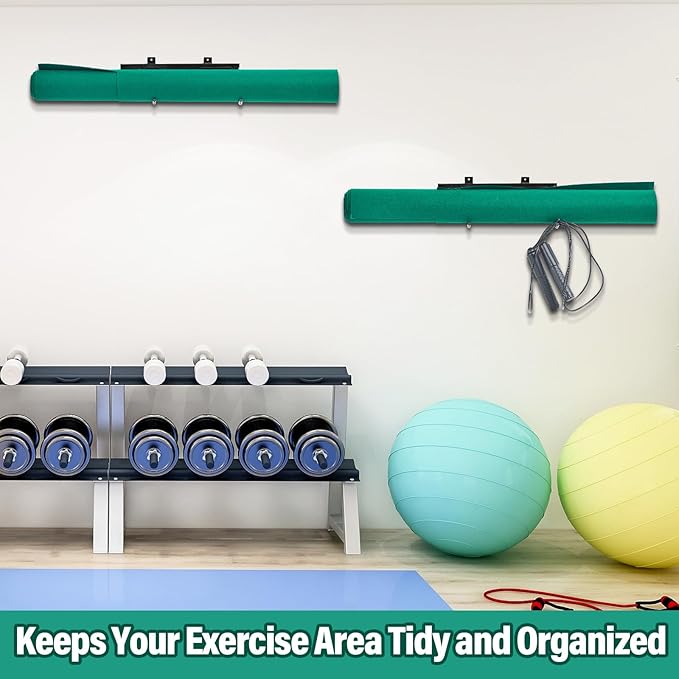 Tandefio Yoga Mat Wall Mount Rack Adjustable Exercise Mat Storage Shelf Hanging Foam Roller Organizer with 2 Hooks for Fitness Home Gym Workout