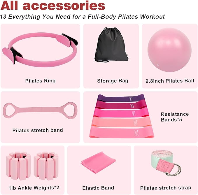 Home Pilates Equipment Kit for Women, 13-in-1 Pilates Ring & Ball Set with 5 TPE Resistance Bands, Ankle Weights, Figure-8 Pull Band, Stretch Strap & Waterproof Carry Bag