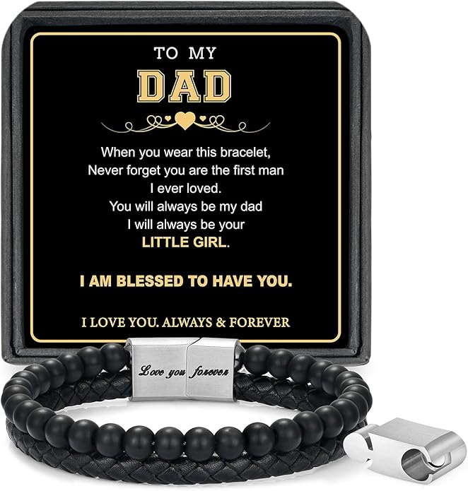 LUXEJEW Gifts for Men - Beaded Leather Bracelet 6mm Matte Agate Stone Bracelets for Men Dad Son Husband Boyfriend Grandpa Grandson Brother Uncle Nephew Adjustable Magnetic Clasp