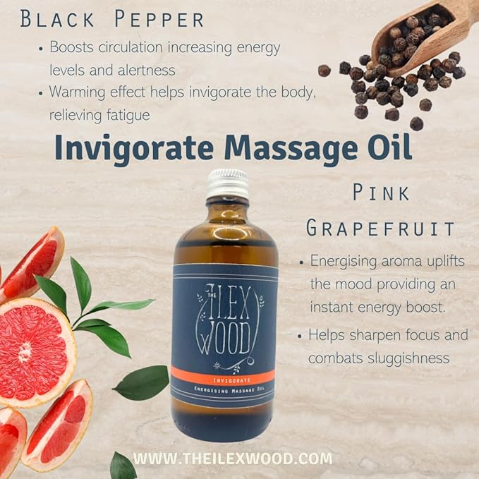 The Ilex Wood - Invigorate - Vegan Natural Energising Spa Massage Oil, Handmade - 3.38 fl oz (100ml)