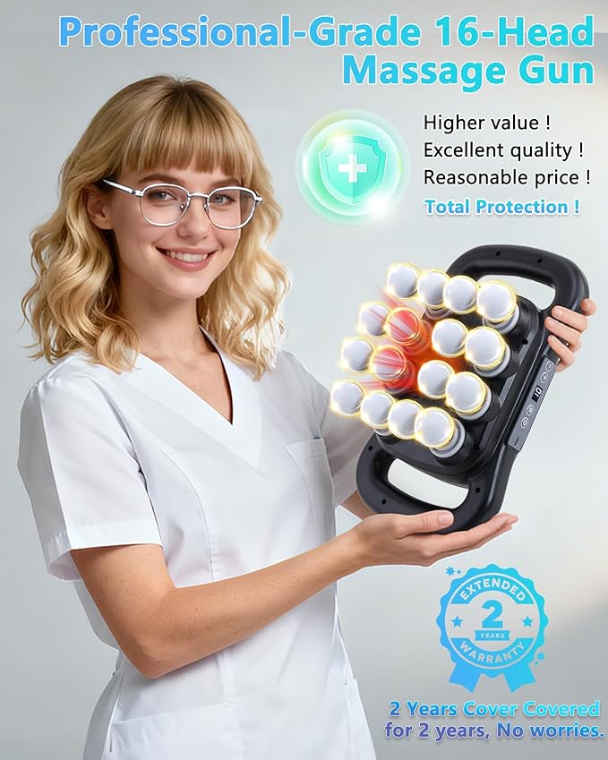 16-Head Massage Gun, Deep Tissue Percussion Massager with 9 Modes & 9 Intensities, 2600mAh Battery Back Bassager for Pain Relief Deep Tissue for Muscle Pain Relief in Back, Legs, Shoulders