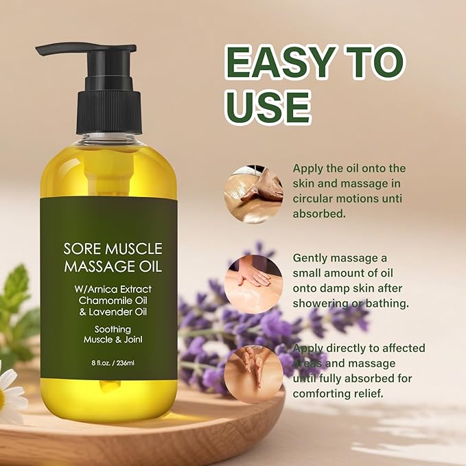 Sore Muscle Massage Oil for Women,Massage Therapy Oil for Soreness & Stiffness,Natural Oils with Lavender & Chamomile Essential Oils for All Skin Types（8oz）