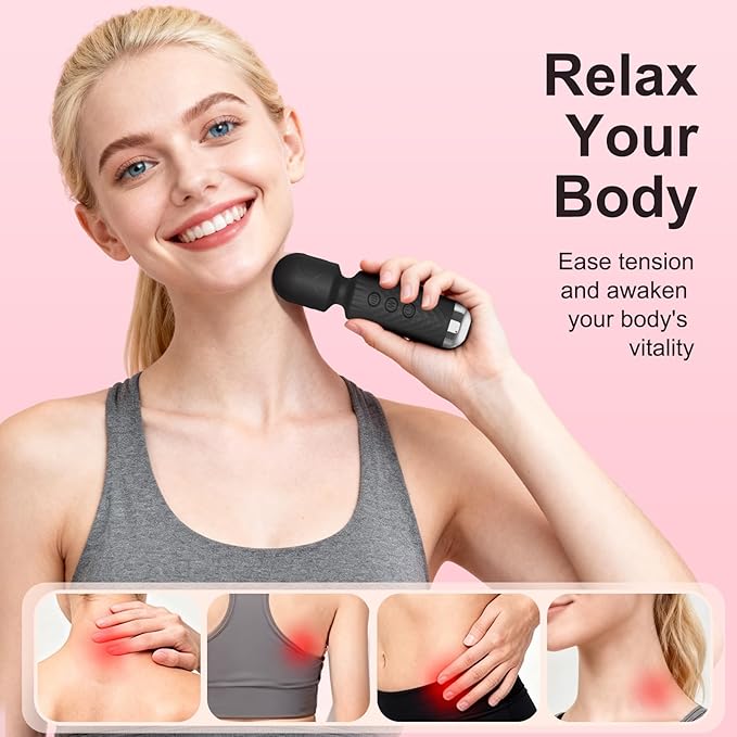 Upgraded Handheld Rose Black Mini Massager Tool Device, Premium Silicone Relaxation Massager Rechargeable to Relieve Whole Body Muscle Tension, 20 Modes 8 Speeds