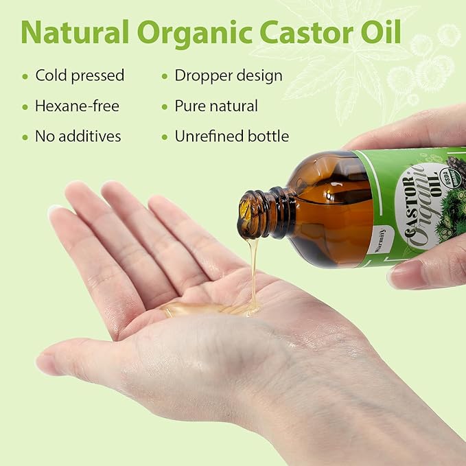 30 Pcs Castor Oil Patches with Castor Oil Organic Cold Pressed Unrefined Glass Bottle(3.5oz),Cotton Caster Oil Pack Wrap for Waist Back Neck Arm Belly,Self-Adhesive Disposable for Convenient Use