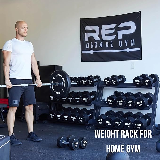 Rep Fitness Dumbbell Rack | 3-Tier Compact Holder | Fits Sets 5-50 lb | Weight Storage Stand | Rubber Hex Organizer | Free Weights Shelf | Heavy Duty Steel Frame | Gym Equipment for Home