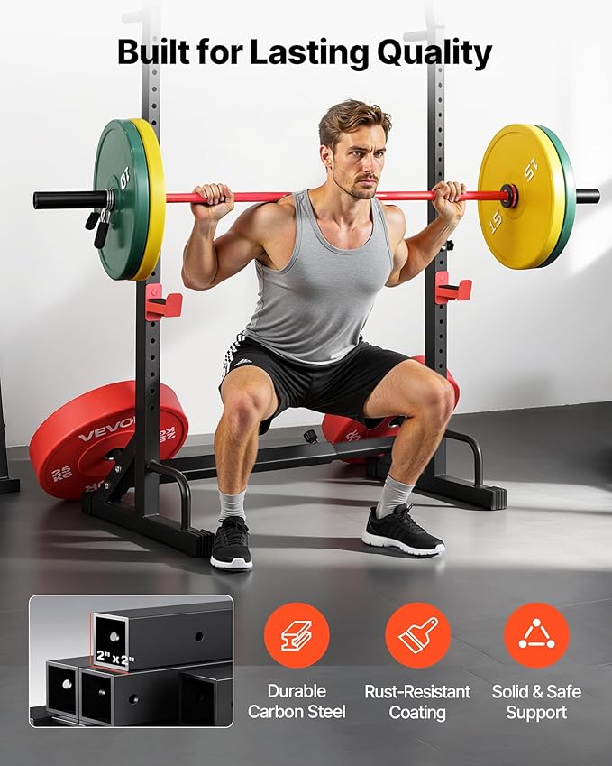 VEVOR Power Cage Squat Rack, Home Gym Power Rack with Adjustable Height & Width, 550LBS Strength Training Workout Equipment with Barbell Storage Racks & J-Hooks for Bench Press, Squat, Weight Lifting