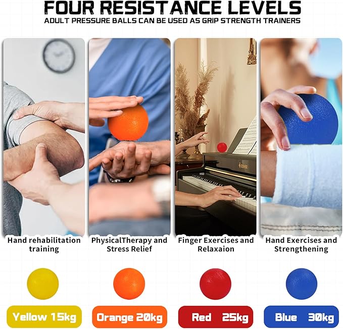 4 Pack Stress Balls for Adults,Squeeze Ball,Squeeze Balls for Hands Therapy,Hand Exercisers for Therapy,Hand Exercise Ball with Different Resistance Levels,Hands Squeezers for Arthritis,Wrist Rehab