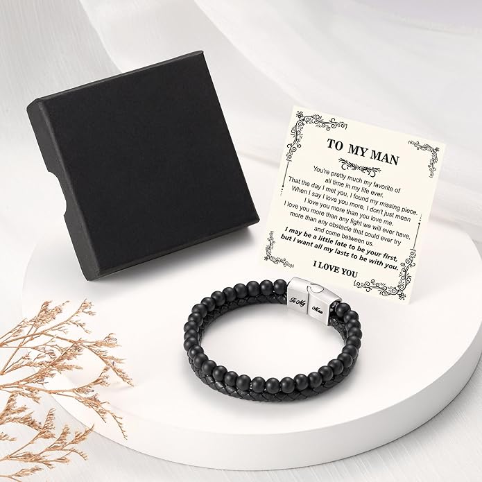 LUXEJEW Gifts for Men - Beaded Leather Bracelet 6mm Matte Agate Stone Bracelets for Men Dad Son Husband Boyfriend Grandpa Grandson Brother Uncle Nephew Adjustable Magnetic Clasp