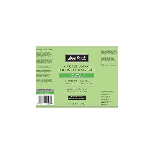 Bon Vital', Naturale Massage Lotion, 8 oz, All Natural Massage Lotion for Massage Therapy and Bodywork, Lightweight Unscented Lotion, Plant-Based Ingredients for Smooth Application